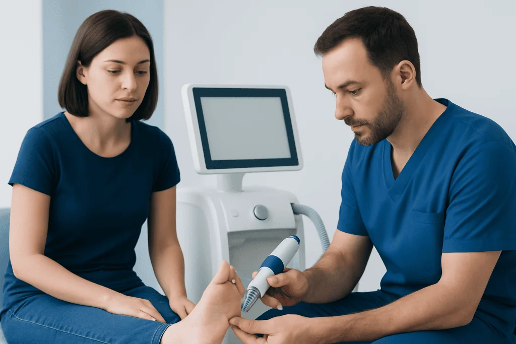 Doctor examining a patient's foot with a medical device in a clinical setting.