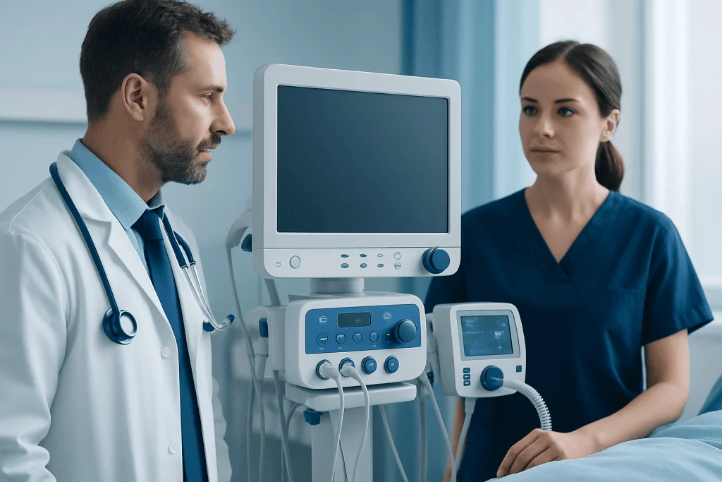 Medical professionals using ultrasound equipment in a hospital setting.