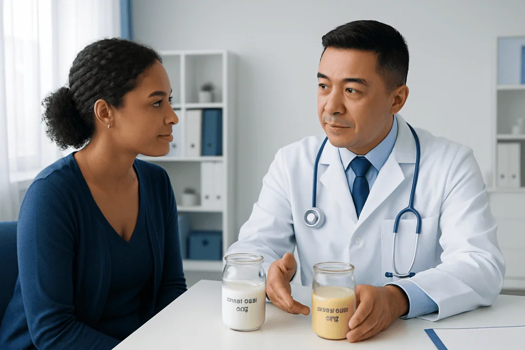 Doctor explaining milk types to a patient in a clinic setting.