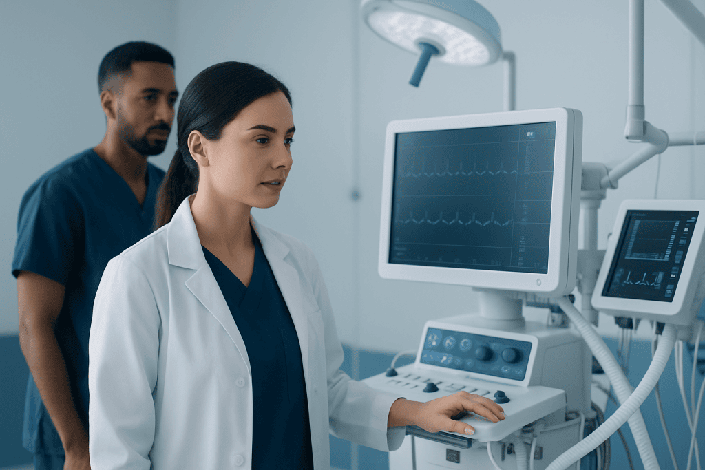 Medical professionals monitoring patient heart activity in hospital.