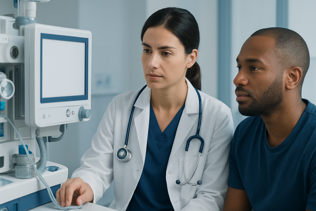 Doctor consulting patient in a medical examination room.