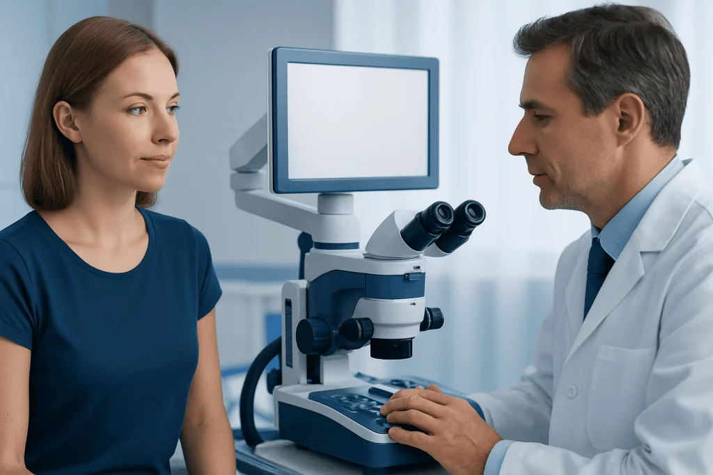 Doctor and patient in a medical consultation with a microscope in the background.