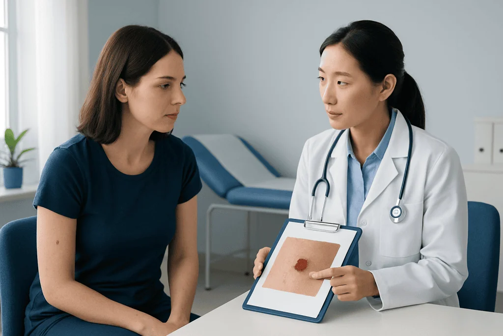 Doctor explaining mole differences to patient in consultation room.