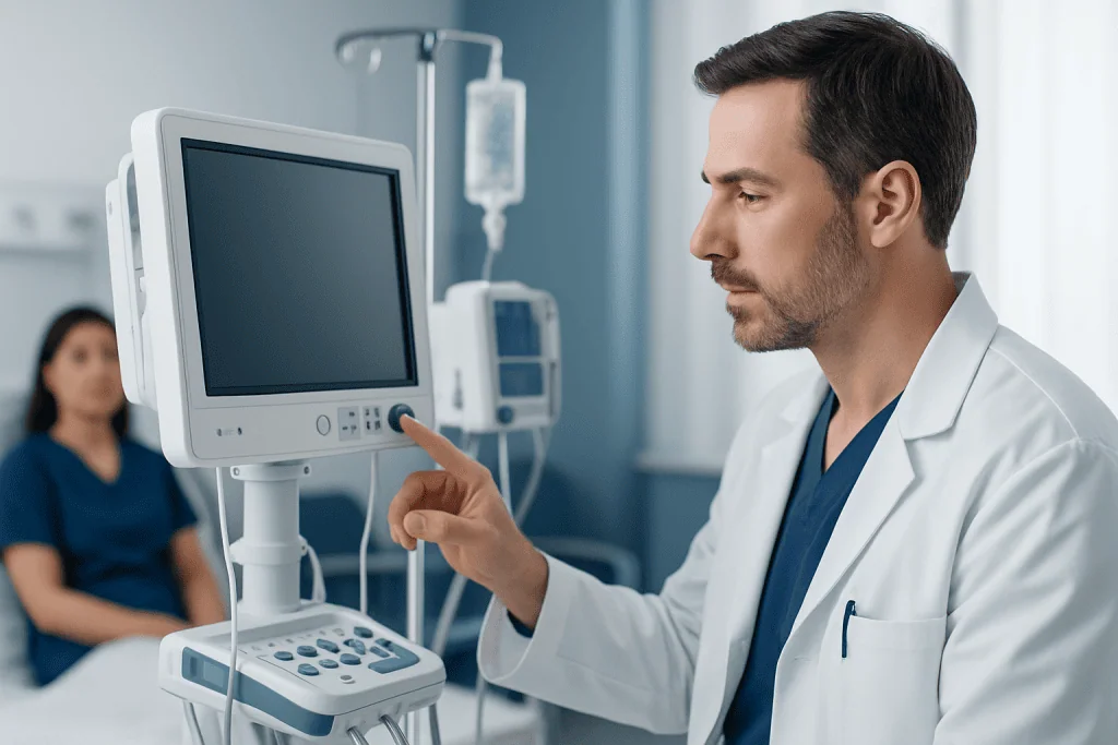 Doctor operating medical monitor in hospital setting.