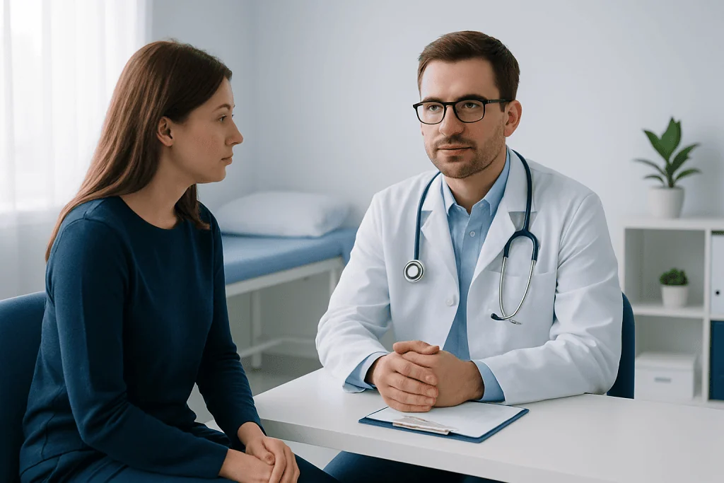Doctor consulting with a female patient in a medical office.