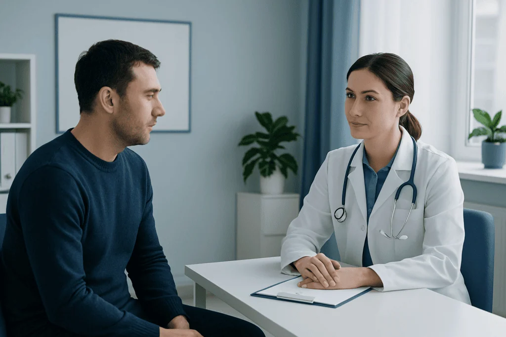 Doctor consulting with a male patient in a modern clinic setting.