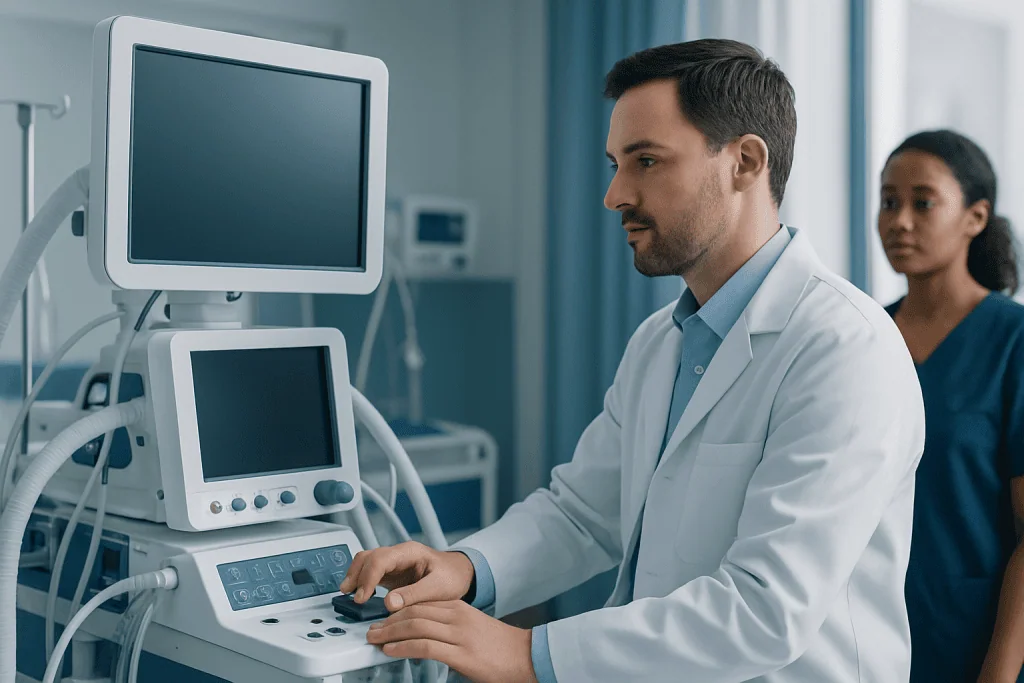 Medical professionals operating diagnostic equipment in a hospital setting.
