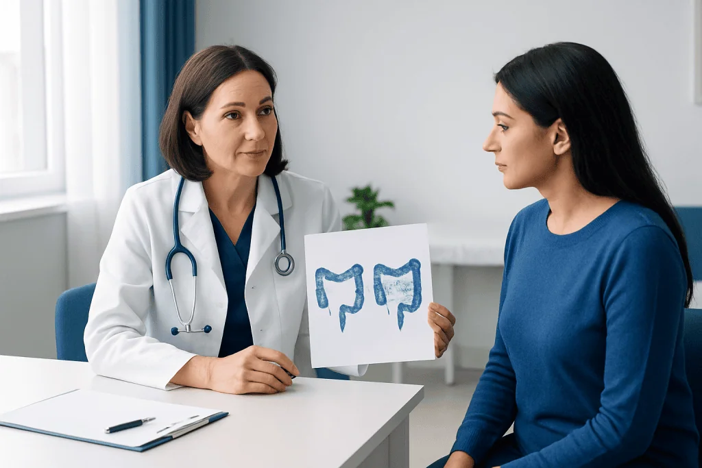 Doctor explaining gut health with diagram to patient in clinic.