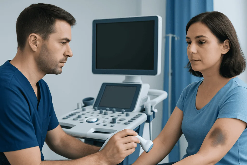 Doctor examining a patient's arm with ultrasound in a medical clinic.