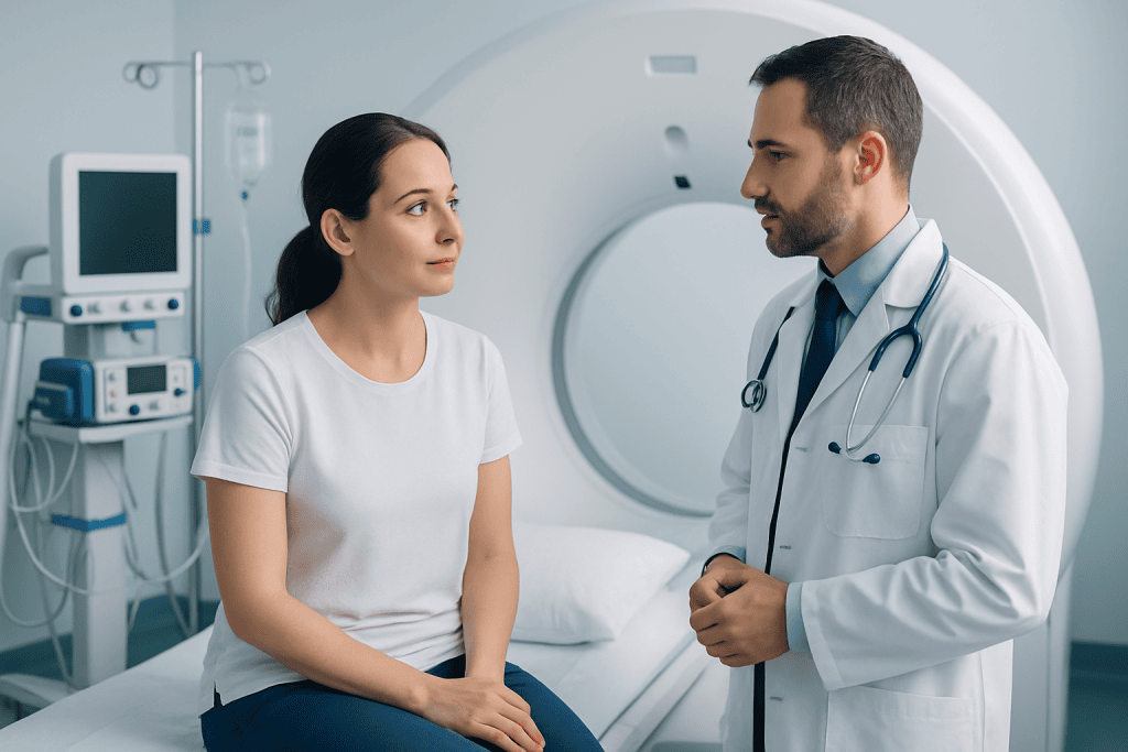 Doctor consulting with a patient in a hospital room with MRI equipment.