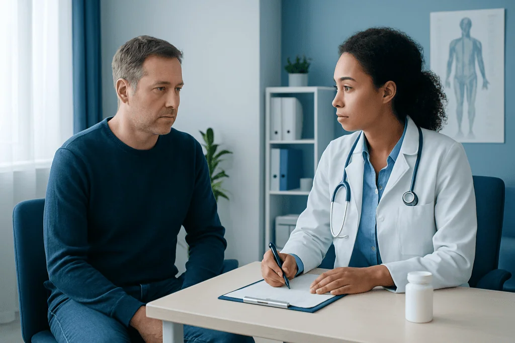 Doctor consulting with patient in a medical office setting.