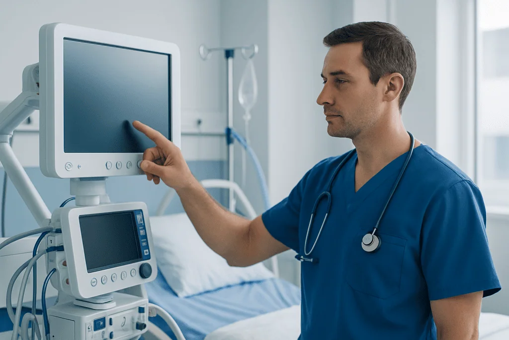 Doctor using medical monitor in hospital room.