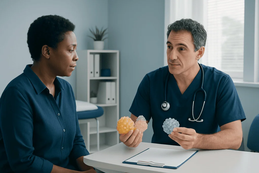 Doctor explaining saturated and unsaturated fats to patient with molecular models.