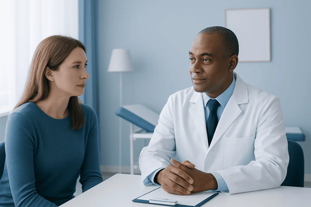 Doctor consulting with a female patient in a medical office setting.