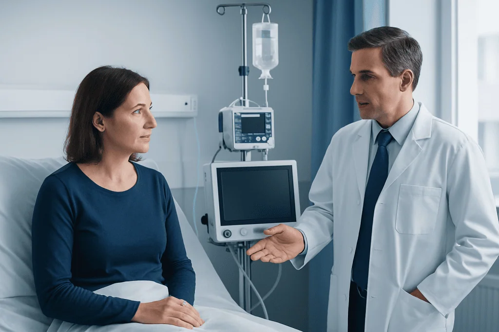 Doctor explaining treatment options to a patient in hospital room.