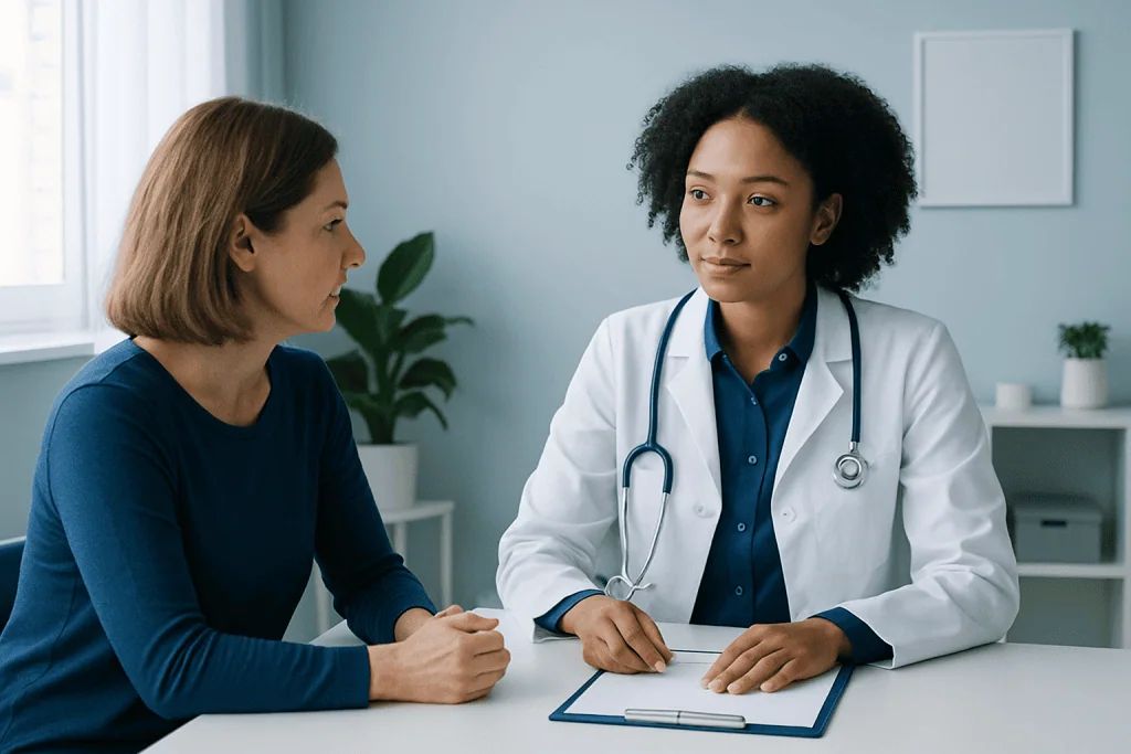 Doctor consulting with a patient in a modern medical office.