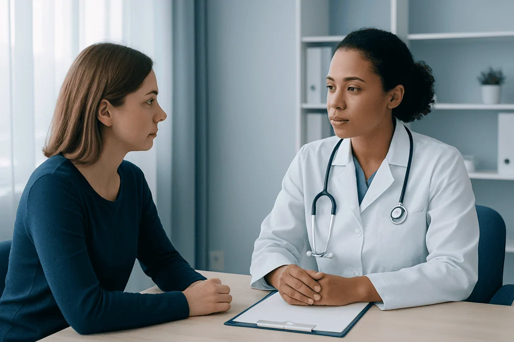 Doctor consulting with a patient in a modern clinic setting.