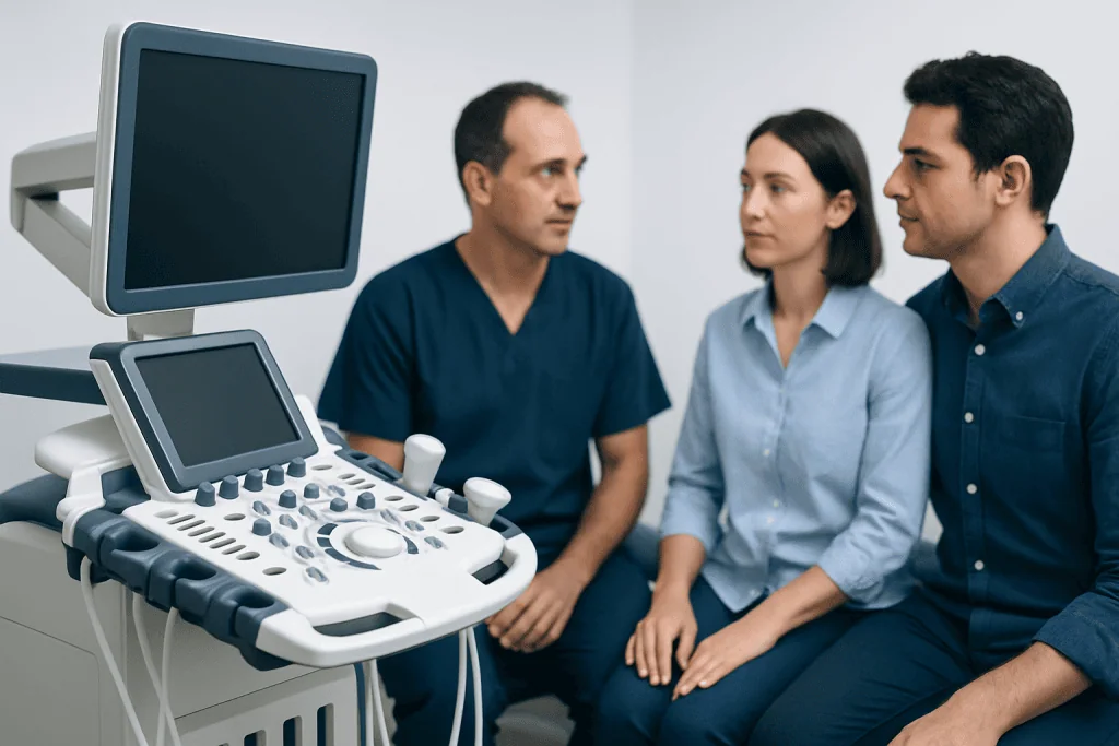 Doctor consulting with a patient and family member in a medical examination room.