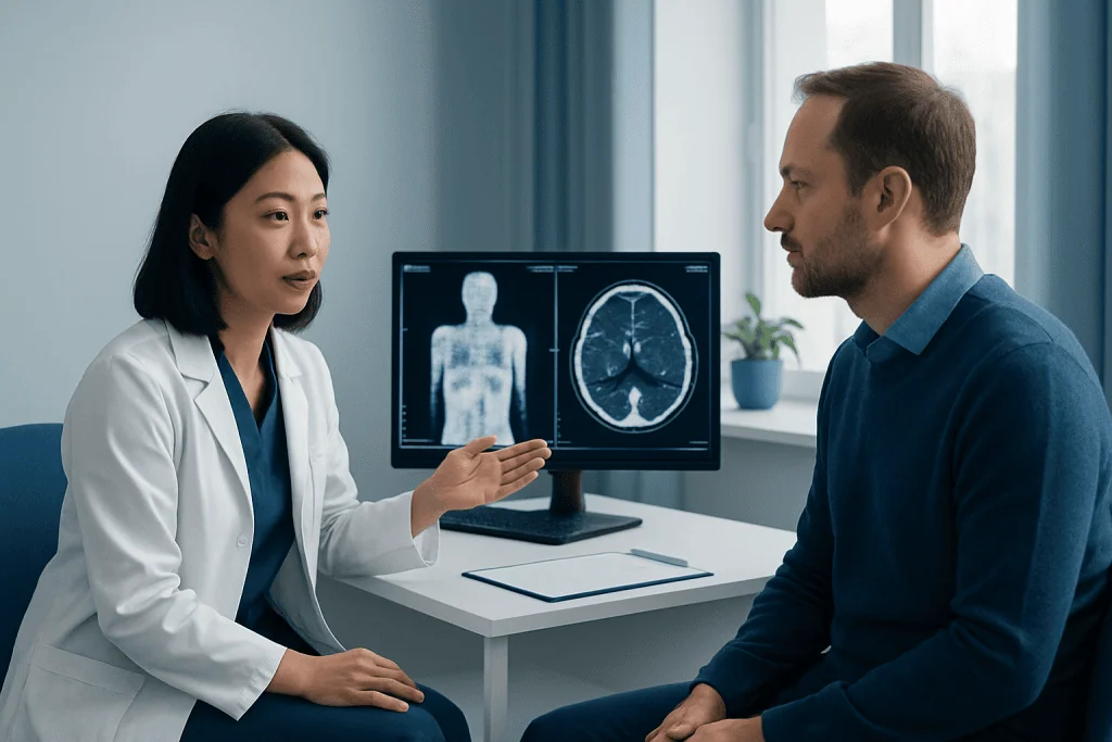 Doctor explains PET scan and CT scan differences to patient in clinic.