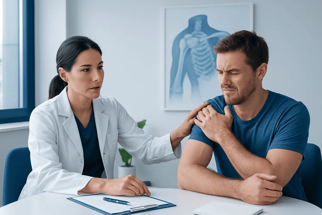 Doctor examining a man's shoulder for dislocation symptoms.