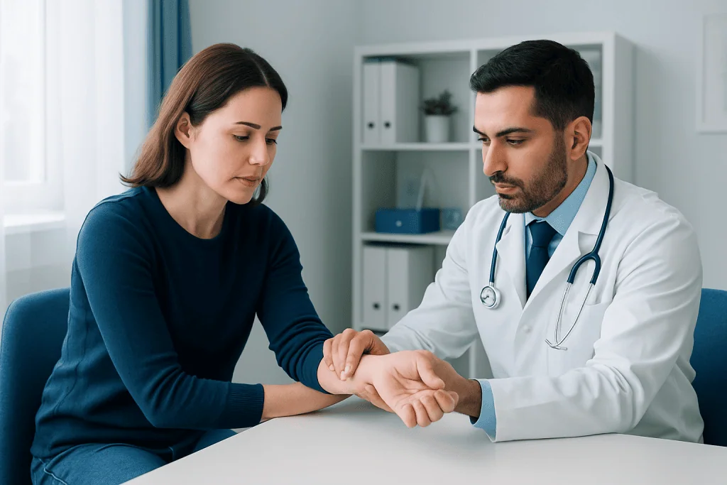 Doctor examining patient's wrist in a medical consultation room.