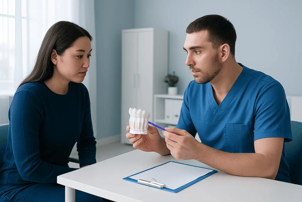 Dentist explaining wisdom teeth removal to patient with dental model.