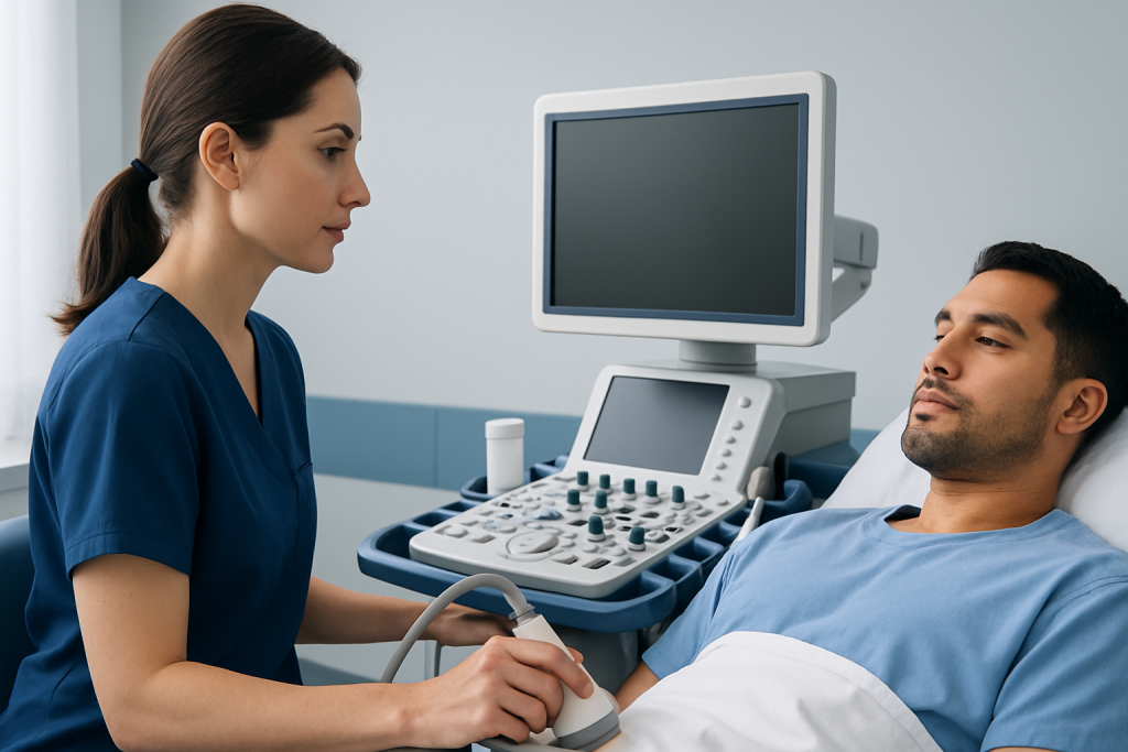 Medical professional performing an ultrasound on a patient in a hospital room.