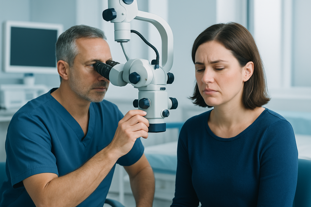 Doctor examining patient's ear with a microscope in a clinical setting.