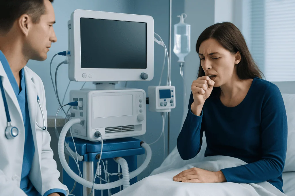 Patient coughing in hospital bed with medical staff and equipment nearby.