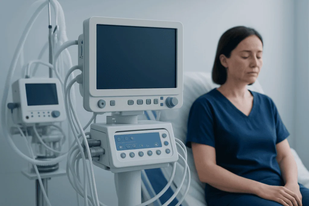 Patient in hospital room with medical monitors and equipment.