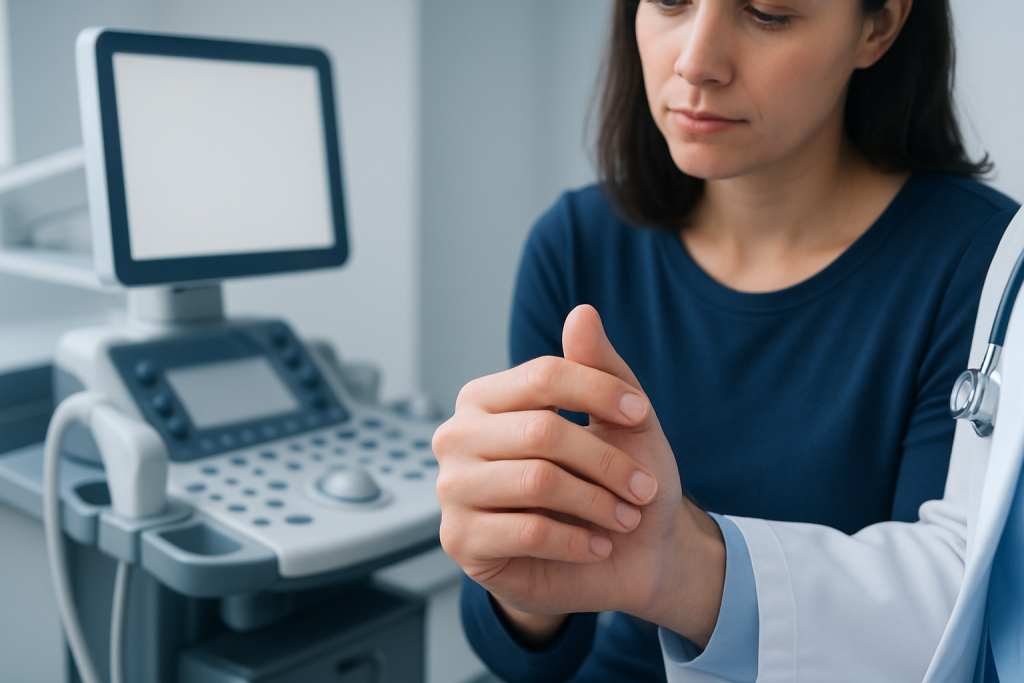 Doctor examining a patient's finger in a clinical setting.