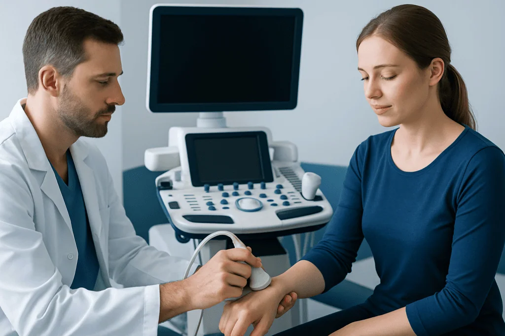 Doctor performing ultrasound examination on a patient at Acibadem Hospital.