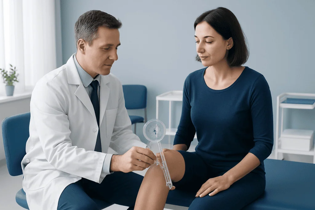 Doctor measuring knee range of motion with goniometer in clinic.