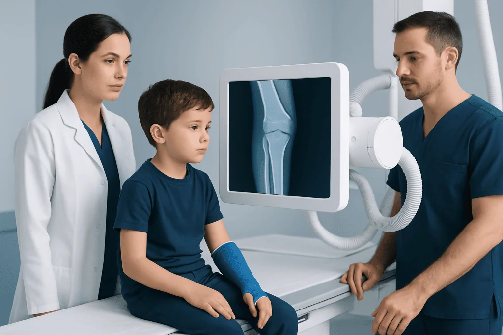 Child undergoing X-ray examination for suspected greenstick fracture.