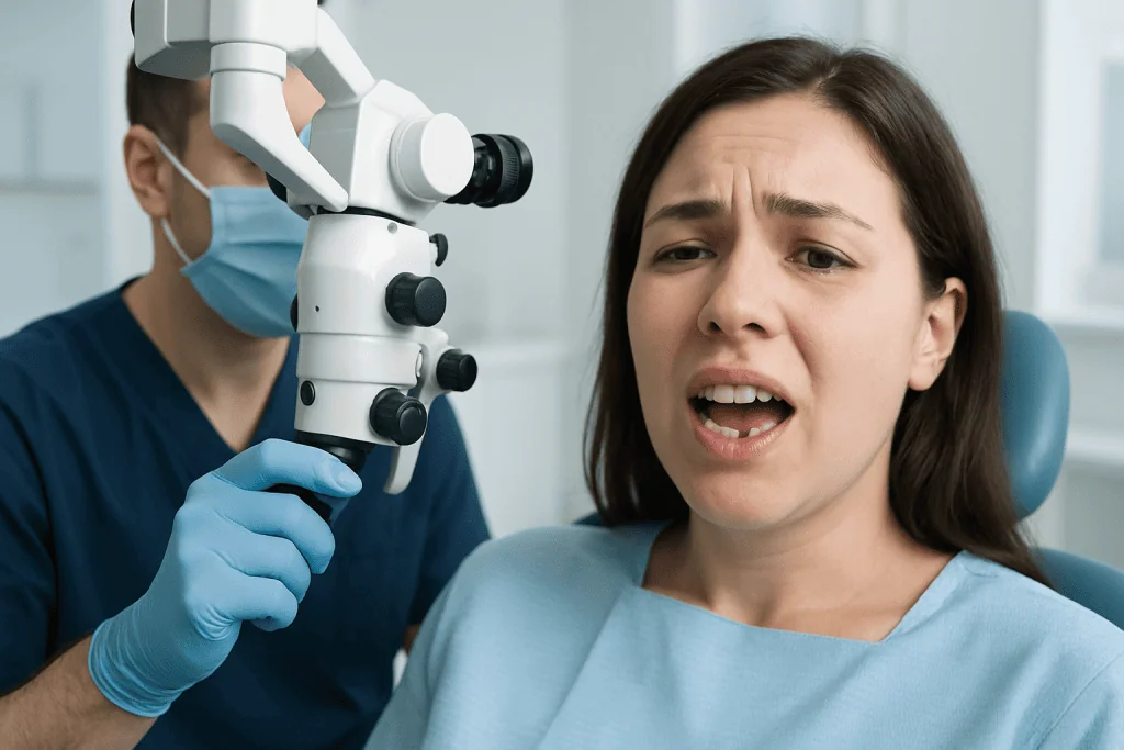 Woman undergoing dental examination with a microscope in a clinic setting.