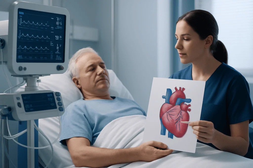 Doctor explaining heart diagram to patient in hospital room.