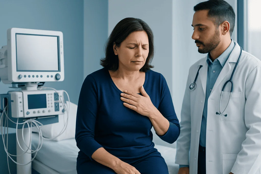 Patient experiencing chest pain during medical consultation at Acibadem Hospital.