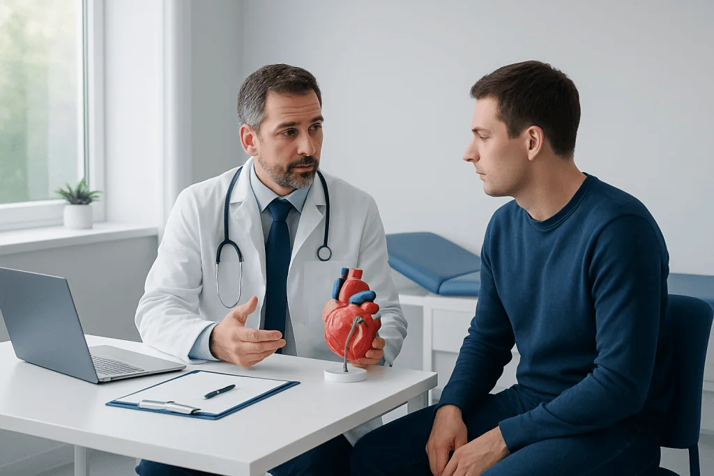 Doctor explaining heart health to a patient with a model of a heart.