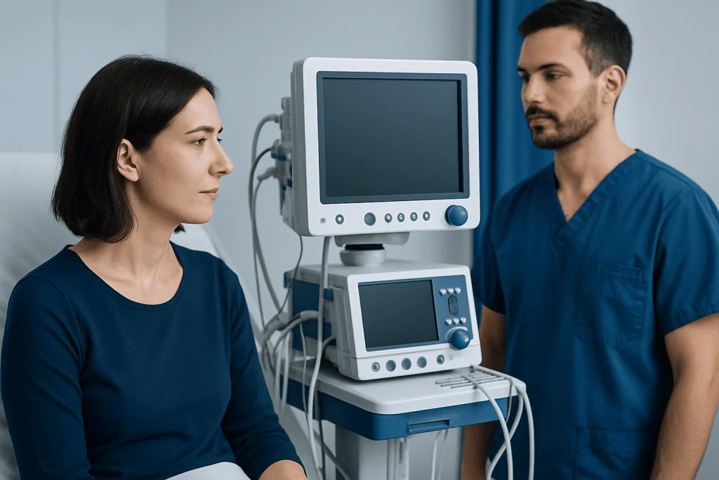 Medical professionals using ultrasound equipment in a hospital setting.