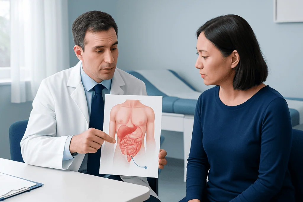Doctor explaining intestinal anatomy to patient in consultation room.