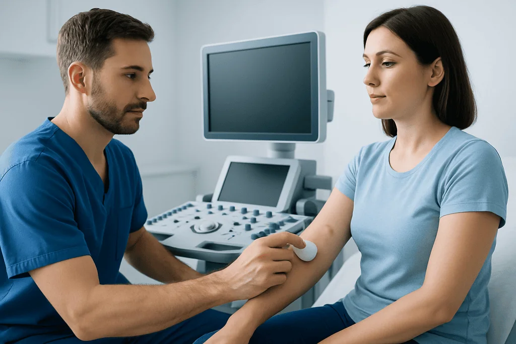 Doctor performing ultrasound examination on a female patient in a clinical setting.