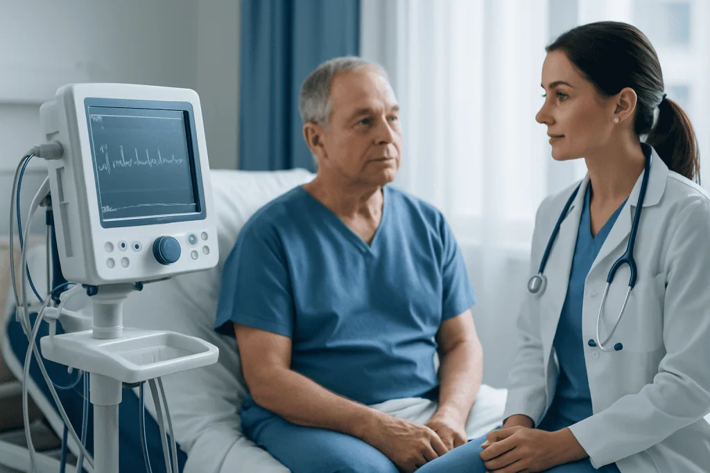 Doctor consulting a senior male patient in hospital room with medical monitor.