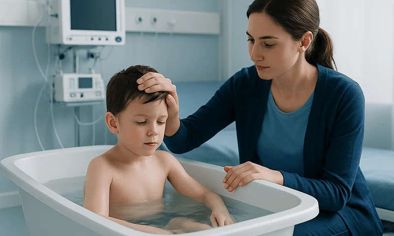 Child receiving a lukewarm bath for fever relief in hospital setting.