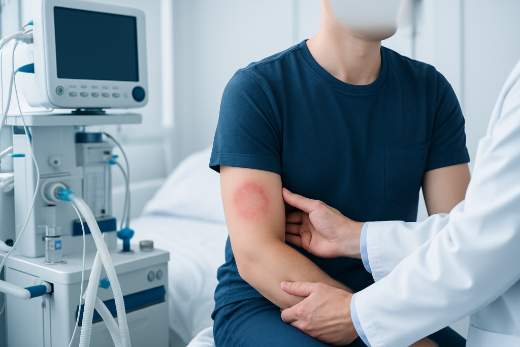 Doctor examining a patient's arm with a red rash in a medical clinic.