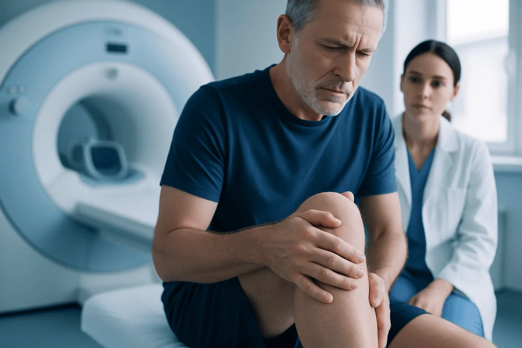 Patient experiencing knee pain during medical examination at Acibadem Hospital.