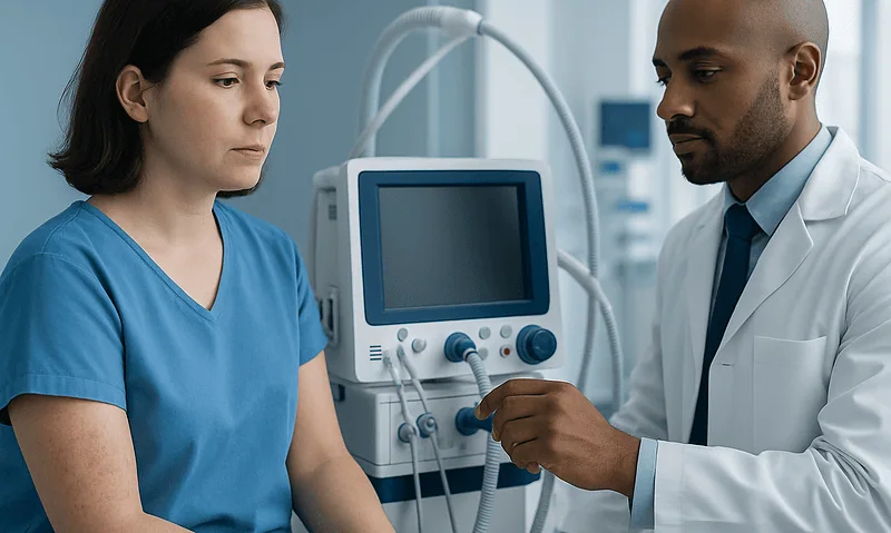 Doctor examining patient with medical equipment in hospital setting.