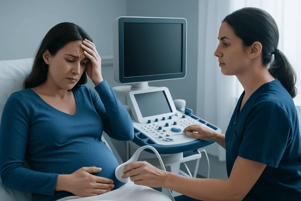 Pregnant woman consulting with doctor in hospital room.