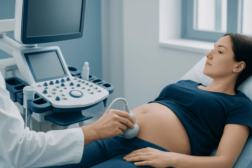 Pregnant woman undergoing ultrasound examination at hospital.