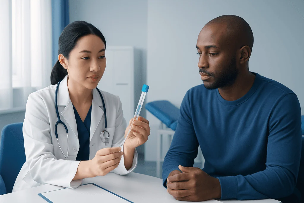 Doctor explaining medical test results to a patient in a clinic setting.