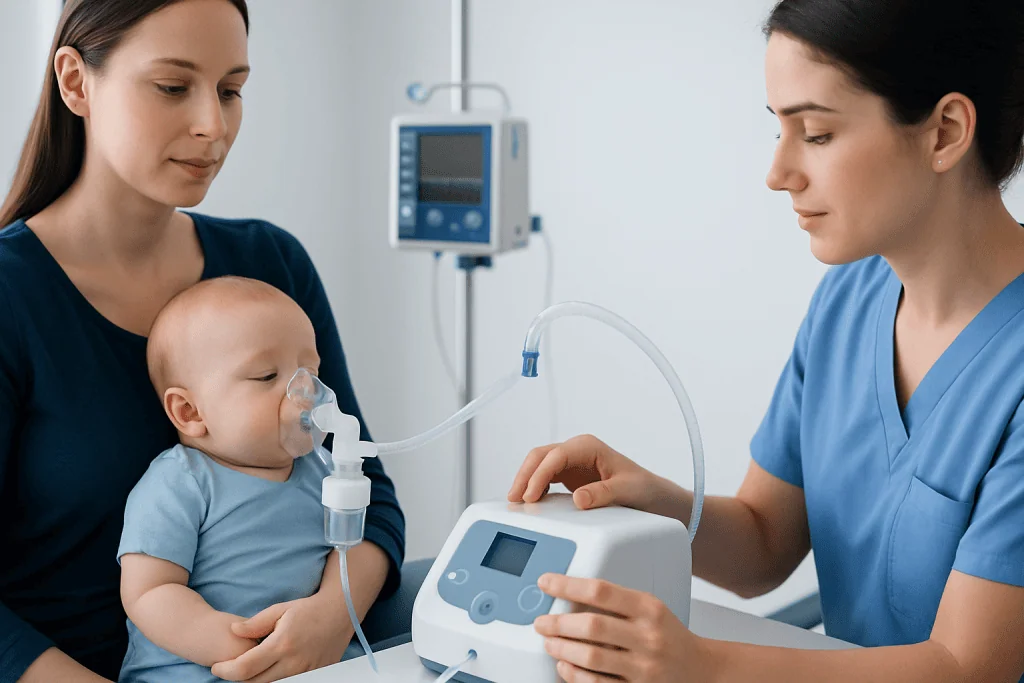 Infant receiving nebulizer treatment in a hospital setting.